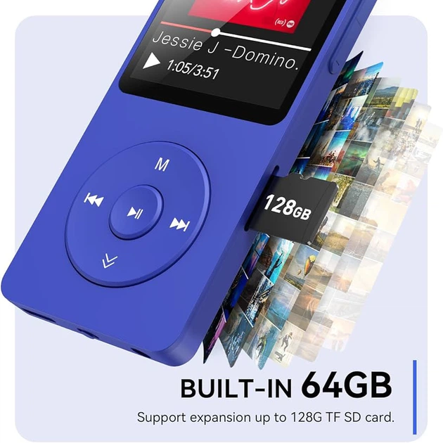 MP3-плеер AGPTEK A02PLT 64 ГБ с Bluetooth 5.3, FM-радио, диктофоном, динамиком, синий - изображение 5