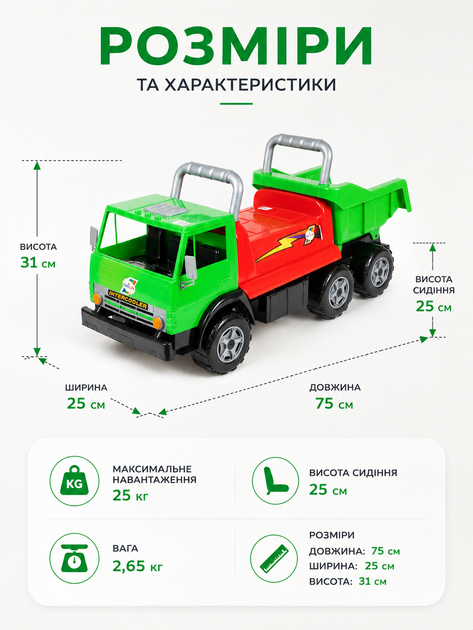 Толокар-каталка "МХ-4" 412 ORION грузовик КАМАЗ, прорезиненные колёса, высокая спинка-ручка, до 25 кг, для детей от 1 года Зелёная - изображение 3