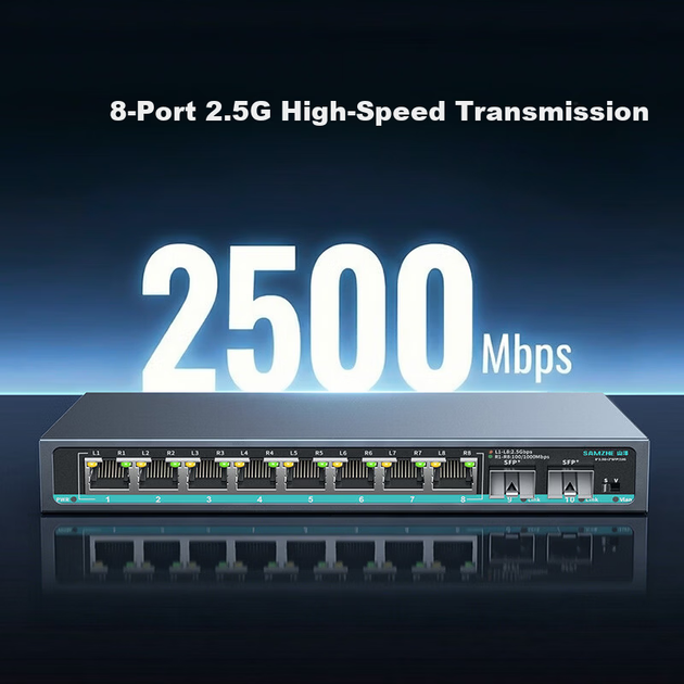 Коммутатор Sanze SZ-TK0802 на 8 портов 2.5G с двумя портами 10G SFP, стальной корпус, для NAS и видеонаблюдения - изображение 4