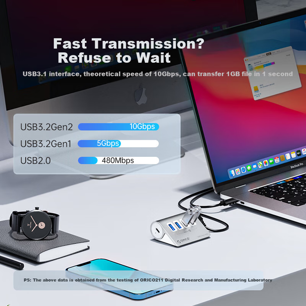 ORICO USB3.2 Док-станція розширення Gen2 Концентратор з алюмінієвого сплаву, спліттер для настільних комп'ютерів та ноутбуків, семипортовий конвертер-хаб M3U7-G2 - зображення 4