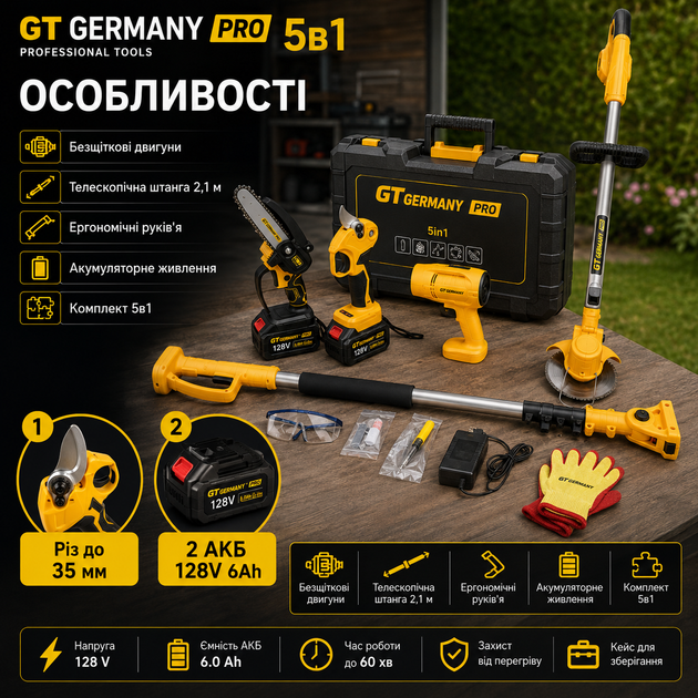 Аккумуляторный садовый набор GT Germany PRO 5 в 1 128V 6Ah бесщеточный мини пила секатор триммер воздуходувка и телескопическая штанга - изображение 4
