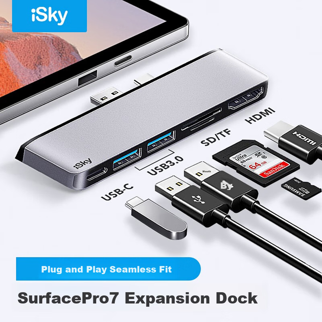 Док-станція розширення Isky Microsoft Surface Pro 7, конвертер USB-C, високошвидкісний USB-адаптер передачі даних, кабель-перетворювач HDMI для відеопроекції та дзеркального відображення екрана, планшетний ноутбук із шістьма входами та двома виходами - Фото 5 Док-станція розширення Isky Microsoft Surface Pro 7, конвертер USB-C, високошвидкісний USB-адаптер передачі даних, кабель-перетворювач HDMI для відеопроекції та дзеркального відображення екрана, планшетний ноутбук із шістьма входами та двома виходами - зображення 5