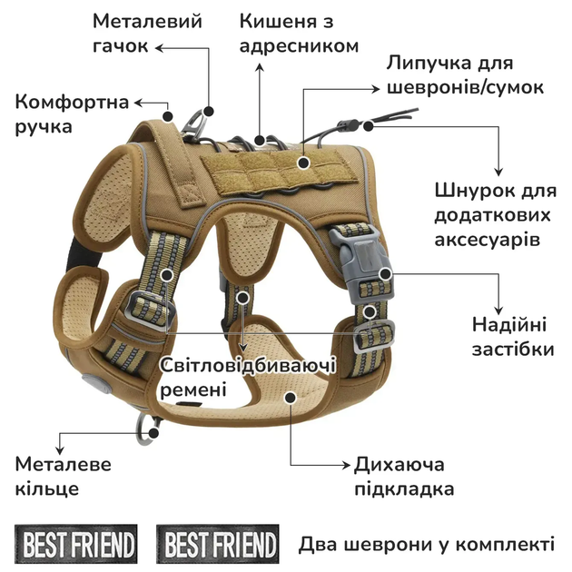 Шлейка для собак Best Friend, тактичний жилет із ручкою та системою MOLLE L, коричневий (280L-KHAKI) - зображення 2