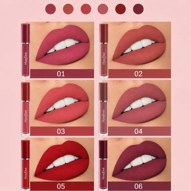 Набор матовых жидких помад Maxfine Matte Liquid Lipstick, 6 цветов, стойкие водостойкие помады для губ (142151037) - изображение 2