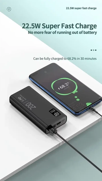 Портативный Power Bank 22.5W, 20000 mAh, PD20W, двойной вход, три выхода - Фото 5 Портативный Power Bank 22.5W, 20000 mAh, PD20W, двойной вход, три выхода - изображение 5