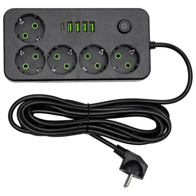 Мережевий фільтр-подовжувач 5 розеток 4xUSB-A 1xUSB-C 5м чорний HP-5-52 - Фото 3 Мережевий фільтр-подовжувач 5 розеток 4xUSB-A 1xUSB-C 5м чорний HP-5-52 - изображение 3