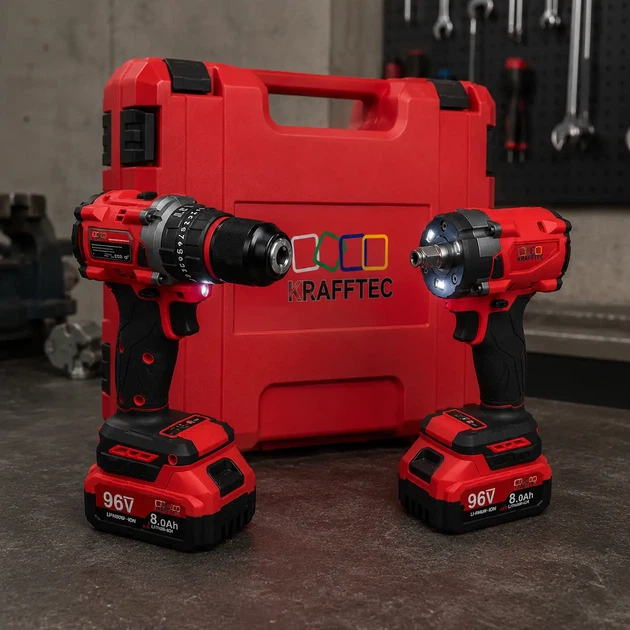 Набор аккумуляторного инструмента Krafftec Germany PRO 2в1 96V 8Ah ударная дрель шуруповерт и гайковерт с двумя аккумуляторами в пластиковом кейсе - изображение 6