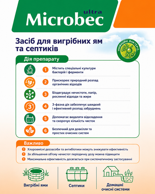 Засіб для вигрібних ям та септиків Microbec ultra 10 шт. х 25 гр. - Фото 2 Засіб для вигрібних ям та септиків Microbec ultra 10 шт. х 25 гр. - зображення 2
