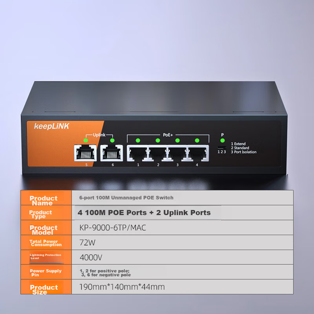 Коммутатор KeepLINK KP-9000 6 портов (4 PoE), интеллектуальный, для видеонаблюдения - изображение 5