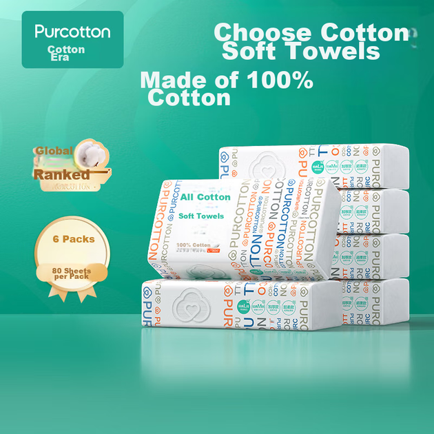 Влажные салфетки PurCotton из 100% хлопка для лица, 20×20 см, 80 листов × 6 упаковок - изображение 3