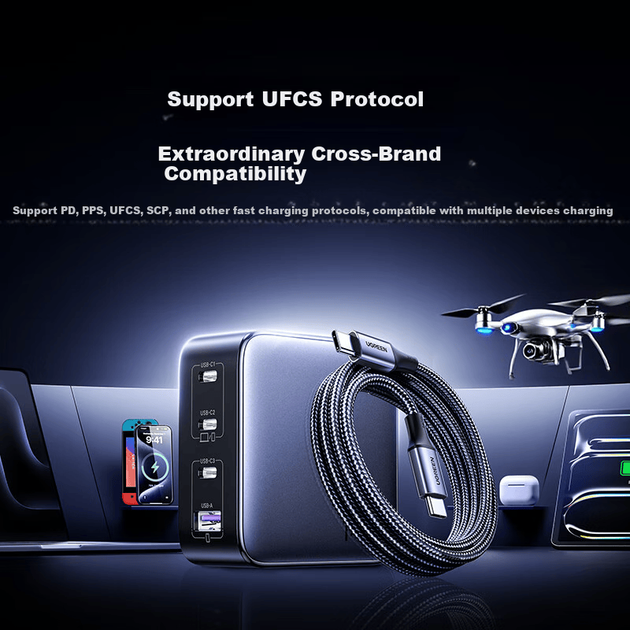 Зарядное устройство UGREEN 140 Вт, GaN, многопортовое Type-C, PPS/PD 100 Вт, кабель 240 Вт - Фото 6 Зарядное устройство UGREEN 140 Вт, GaN, многопортовое Type-C, PPS/PD 100 Вт, кабель 240 Вт - изображение 6