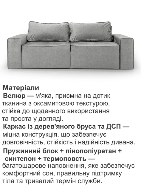 Диван Манго 255 × 110 см, велюр, світло-сірий - зображення 3