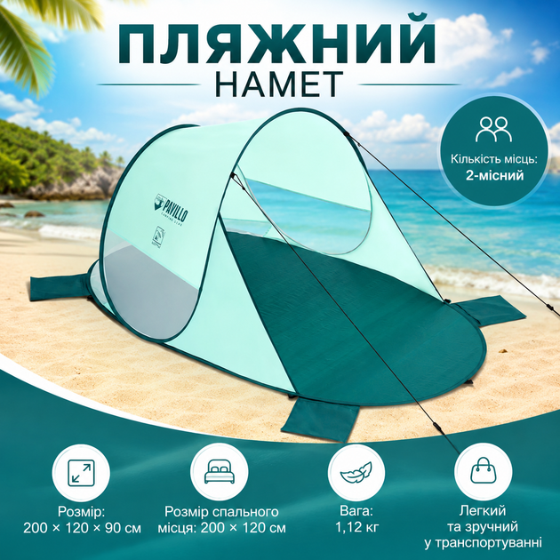 Пляжная палатка Bestway 200×120×90 см двухместная с защитой от солнца UPF 80+ полуавтоматической сборкой полиэстером 190T каркасом из стекловолокна и сумкой для хранения - Фото 2 Пляжная палатка Bestway 200×120×90 см двухместная с защитой от солнца UPF 80+ полуавтоматической сборкой полиэстером 190T каркасом из стекловолокна и сумкой для хранения - изображение 2