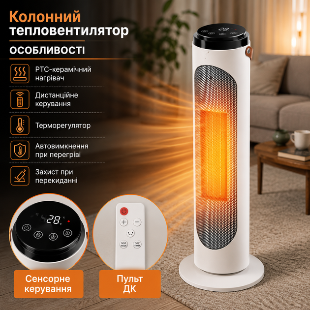 Тепловентилятор керамический колонный 2000 Вт с дистанционным управлением терморегулятором таймером и сенсорным дисплеем - изображение 2