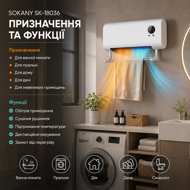 Настенный тепловентилятор SOKANY SK-18036 2000 Вт керамический с дистанционным управлением сушилкой термостатом и режимами зима лето - изображение 4