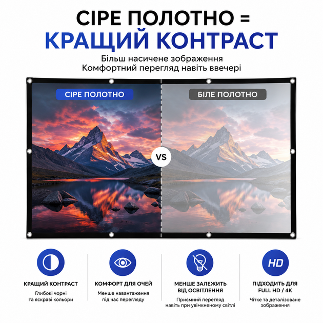 Серый проекционный экран 100" 16:9 с люверсами, световозвращающее полотно, легкий монтаж, компактный, для дома, презентаций(206) - изображение 2