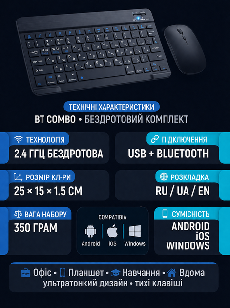 Беспроводной комплект клавиатура с мышкой BT Combo для ноутбуков и настольных компьютеров - Фото 2 Беспроводной комплект клавиатура с мышкой BT Combo для ноутбуков и настольных компьютеров - изображение 2