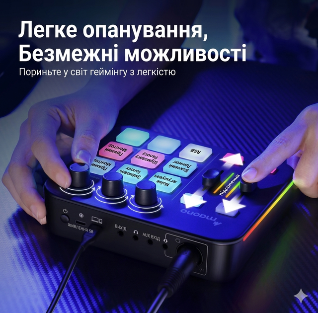 Аудіоінтерфейс Maono G1 Neo RGB — Звукова карта для стрімів, подкастів та ігор (XLR, 48V, Bluetooth) - зображення 5