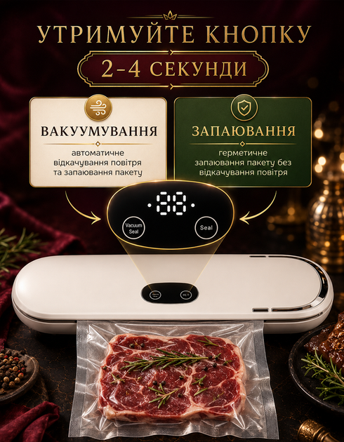 Вакууматор для еды и продуктов MK-801 вакуумный упаковщик для дома бытовой аппарат с запаиванием для мяса и рыбы белый + пакеты 10 шт - изображение 4