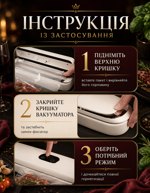 Вакууматор для еды и продуктов MK-801 вакуумный упаковщик для дома бытовой аппарат с запаиванием для мяса и рыбы белый + пакеты 10 шт - изображение 5