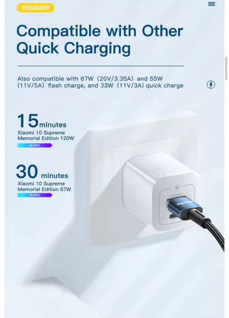 Кабель быстрой зарядки для Xiaomi 100W с дисплеем USB к Type-C 6A 2 метра Essager - Фото 2 Кабель быстрой зарядки для Xiaomi 100W с дисплеем USB к Type-C 6A 2 метра Essager - изображение 2