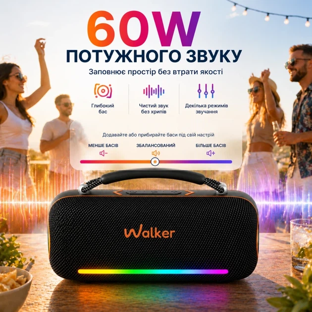 Портативна колонка WALKER WSP-750 60W Bluetooth 5.3 IPX5 281x167x111 мм чорна - зображення 6