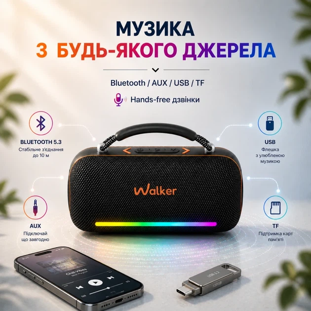Портативна колонка WALKER WSP-750 60W Bluetooth 5.3 IPX5 281x167x111 мм чорна - зображення 7