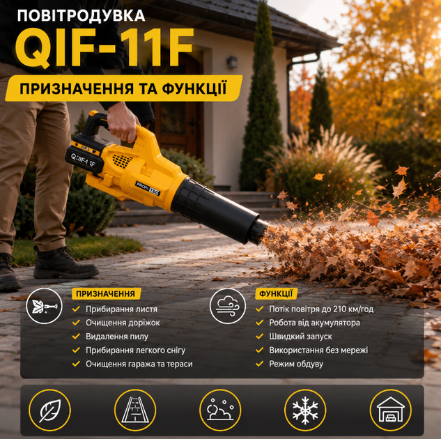 Садовый пылесос воздуходувка QIF 11F аккумуляторный 21V с двумя аккумуляторами скорость воздуха 210 км ч для листьев пыли мусора и легкого снега желтый - Фото 2 Садовый пылесос воздуходувка QIF 11F аккумуляторный 21V с двумя аккумуляторами скорость воздуха 210 км ч для листьев пыли мусора и легкого снега желтый - изображение 2