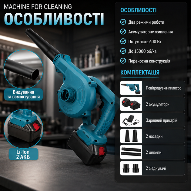 Аккумуляторная воздуходувка пылесос Machine for Cleaning 600W с двумя аккумуляторами Li Ion функциями выдувания и всасывания для уборки листьев пыли и салона автомобиля - Фото 2 Аккумуляторная воздуходувка пылесос Machine for Cleaning 600W с двумя аккумуляторами Li Ion функциями выдувания и всасывания для уборки листьев пыли и салона автомобиля - изображение 2