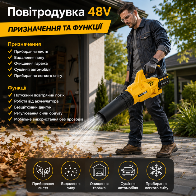 Акумуляторна повітродувка Fan&Fan 48V 6000 mAh з двома акумуляторами безщітковим двигуном кейсом для прибирання листя пилу снігу та сушіння автомобіля - зображення 3