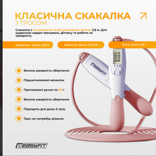 Скакалка для похудения EasyFit TwinRope со счетчиком 2,8м белый-розовый (EF-1909-WP) - изображение 3
