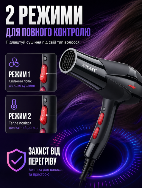 Профессиональный фен для волос с ионизацией 2300 Вт 2 температурных режима 2 насадки концентратор - изображение 5