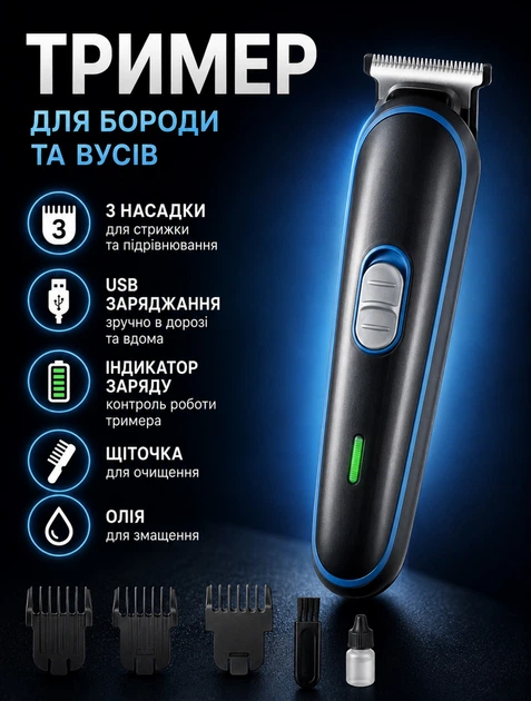 Триммер для бороды и усов беспроводной аккумуляторный 3 Вт с USB зарядкой для точного окантовывания 3 насадки 3/6/9 мм - изображение 2