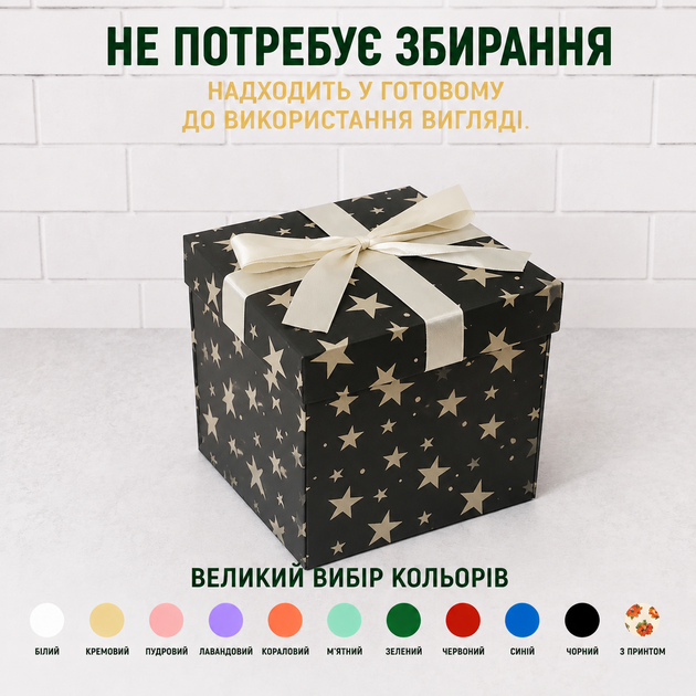 Подарункова розкладна коробка сюрприз 3-рівнева для фото, солодощів та подарунку, коробка трансформер 16х16х16 см Зірки на чорному - зображення 3
