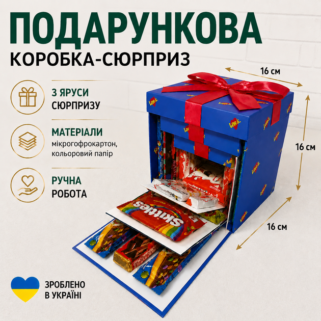Подарункова розкладна коробка сюрприз 3-рівнева для фото, солодощів та подарунку, коробка трансформер 16х16х16 см Love is... - зображення 2