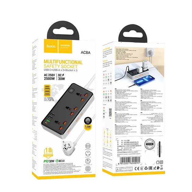 Мережевий фільтр Hoco AC8A PD30W/QC18W/1C3A 1.5m Black - Фото 2 Мережевий фільтр Hoco AC8A PD30W/QC18W/1C3A 1.5m Black - изображение 2