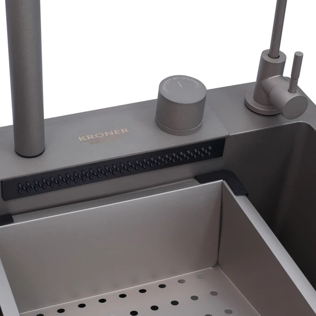 Кухонна мийка Kroner Schwarze 750х460 інтегрована, сірий (SET7545NG PVD) - зображення 4
