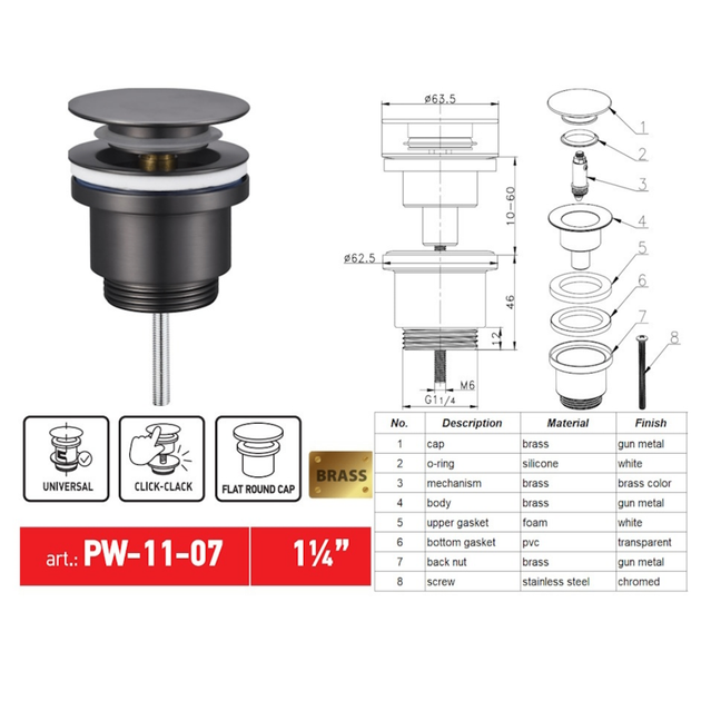 Донный клапан Koer PW-11-07 1 1/4'' Сlick-Сlack для умывальника, графит (KR5793) - изображение 7