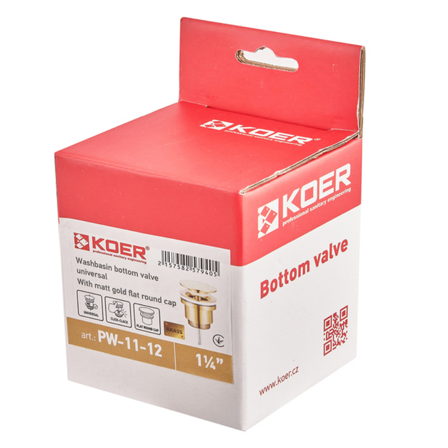 Донный клапан Koer PW-11-12 1 1/4'' Сlick-Сlack для умывальника, золотый матовый (KR5794) - изображение 8