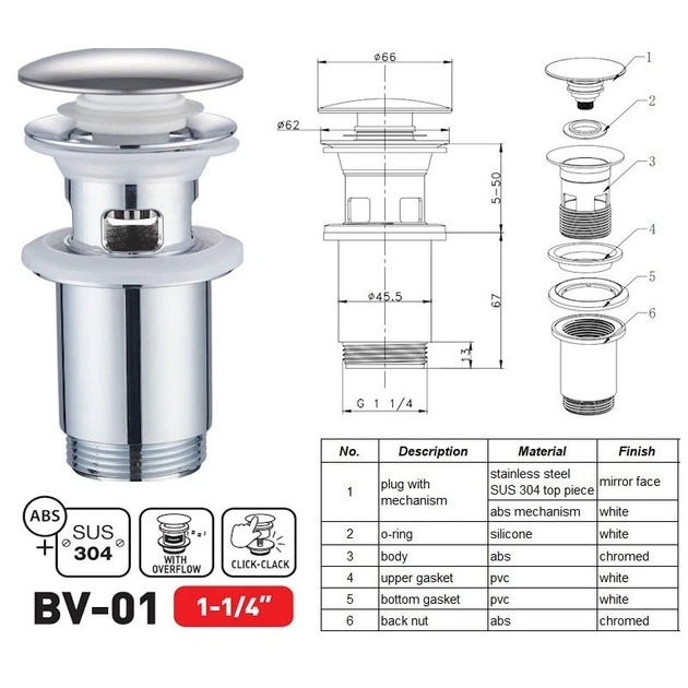 Донный клапан Zerix BV-01 Click-Clack 1 1/4" для умывальника, хром глянцевый (ZX6017) - изображение 8
