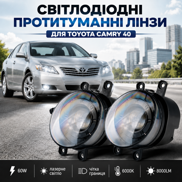 Лінзовані LED ПТФ EA для Toyota Camry 40, Corolla, RAV4 — світлодіодні протитуманні фари ТОЙОТА 60W, 8000LM, 6000K - зображення 3