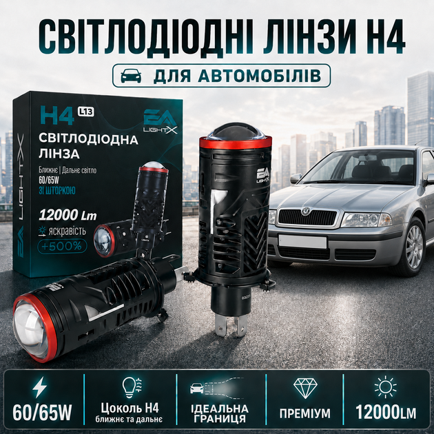 Мини-линзы H4 Bi-LED EA Light X +500% яркости света 60\65W 5500K белое 12V в штатные места без ошибок - Фото 1 Мини-линзы H4 Bi-LED EA Light X +500% яркости света 60\65W 5500K белое 12V в штатные места без ошибок - изображение 1