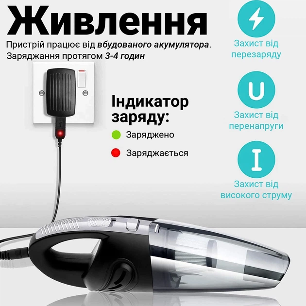 Акумуляторний автомобільний пилосос Podofo W7416 з сухим і вологим очищенням чорний - зображення 4