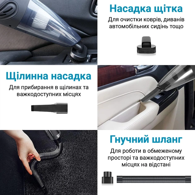 Акумуляторний автомобільний пилосос Podofo W7416 з сухим і вологим очищенням чорний - зображення 8