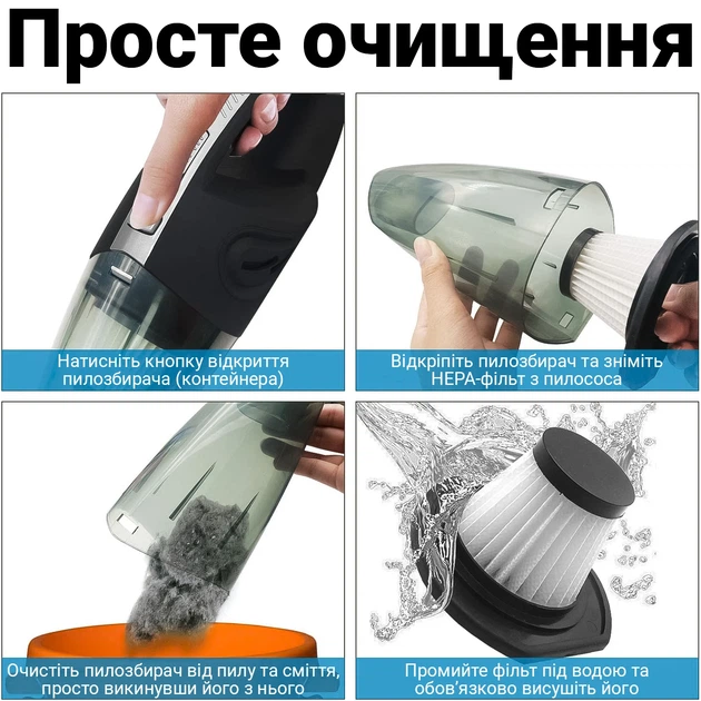 Акумуляторний автомобільний пилосос Podofo W7416 з сухим і вологим очищенням чорний - зображення 12