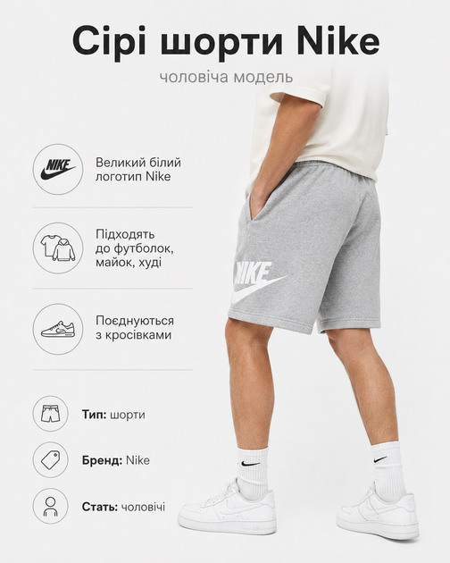 Шорты Nike Big Logo серые мужские - спортивные хлопковые Найк с большим белым логотипом, размер XL - Фото 2 Шорты Nike Big Logo серые мужские - спортивные хлопковые Найк с большим белым логотипом, размер XL - изображение 2