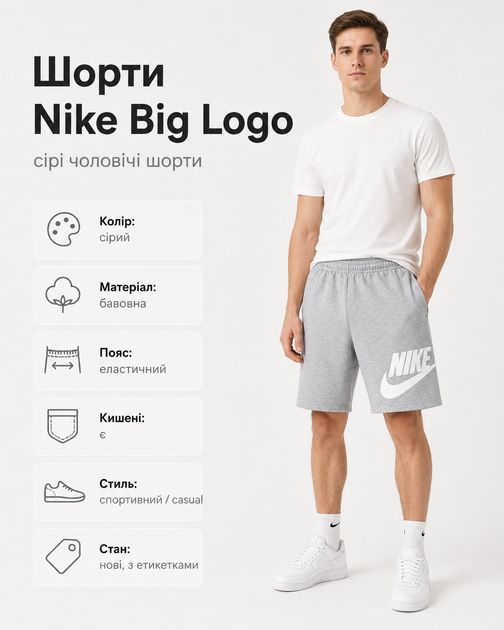 Шорты Nike Big Logo серые мужские - спортивные хлопковые Найк с большим белым логотипом, размер XL - Фото 3 Шорты Nike Big Logo серые мужские - спортивные хлопковые Найк с большим белым логотипом, размер XL - изображение 3