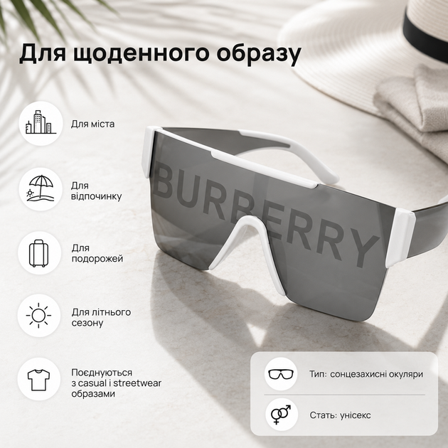 Солнцезащитные очки Burberry белые с серой цельной линзой - унисекс маска с надписью Burberry - изображение 5
