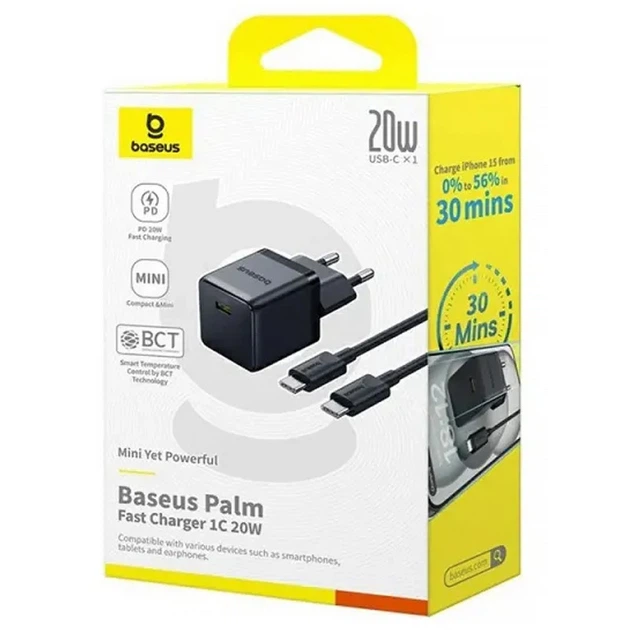 СЗУ Baseus Palm Fast Charger 20W (1USB-C) + кабель Type-C to Type-C (P10111602) Cluster Black - Фото 5 СЗУ Baseus Palm Fast Charger 20W (1USB-C) + кабель Type-C to Type-C (P10111602) Cluster Black - изображение 5