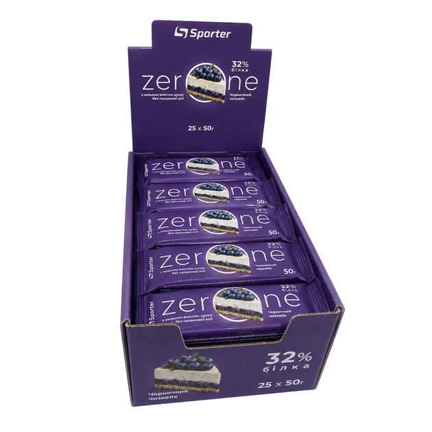 Батончик Sporter Zero One, 25*50 грамм - Черничный чизкейк - Фото 1 Батончик Sporter Zero One, 25*50 грамм - Черничный чизкейк - изображение 1